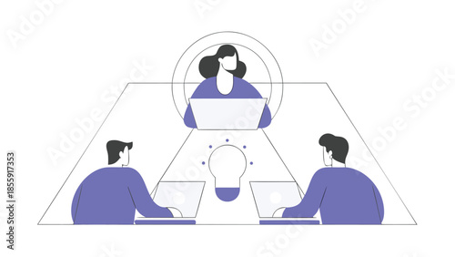 Three coworkers brainstorming ideas with laptops in abstract office setting with lightbulb moment