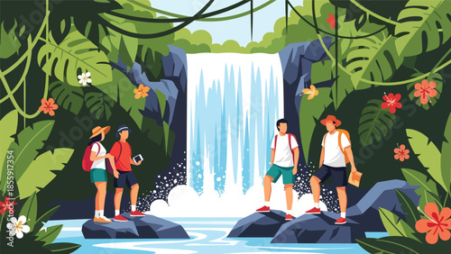 Modern vector illustration of tourists taking photos near tropical waterfall in jungle, adventure travel scene, ideal for tourism and exploration visuals
