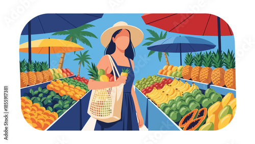 Modern vector illustration of woman shopping at tropical outdoor market with fruit stalls, local travel experience scene, ideal for tourism and culture content