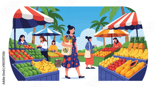 Modern vector illustration of woman shopping at tropical outdoor market with fruit stalls, local travel experience scene, ideal for tourism and culture content