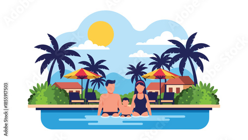 Modern vector illustration of family relaxing near tropical resort pool with umbrellas, summer vacation scene, ideal for resort and travel marketing