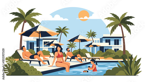 Modern vector illustration of family relaxing near tropical resort pool with umbrellas, summer vacation scene, ideal for resort and travel marketing