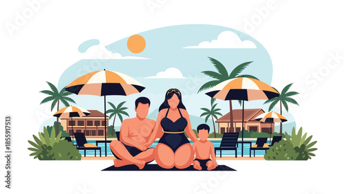Modern vector illustration of family relaxing near tropical resort pool with umbrellas, summer vacation scene, ideal for resort and travel marketing