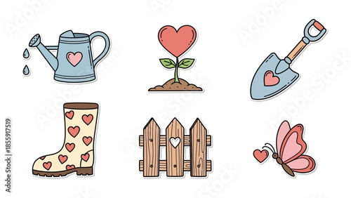 Love's Garden: Whimsical illustrations depict elements of gardening infused with the spirit of love, symbolizing the nurturing and growth of affection.