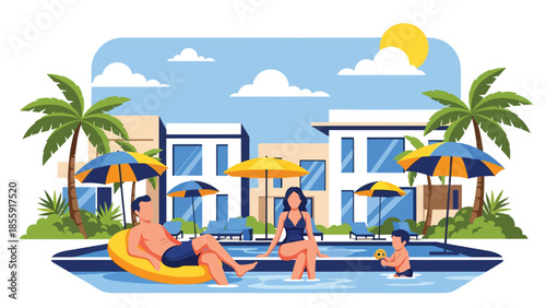 Modern vector illustration of family relaxing near tropical resort pool with umbrellas, summer vacation scene, ideal for resort and travel marketing