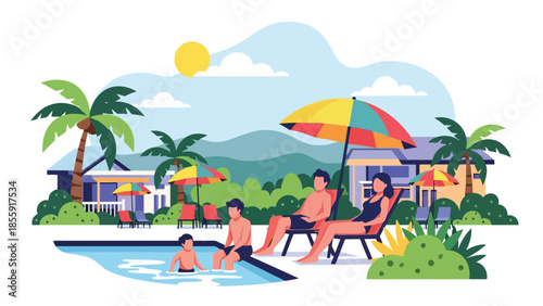 Modern vector illustration of family relaxing near tropical resort pool with umbrellas, summer vacation scene, ideal for resort and travel marketing