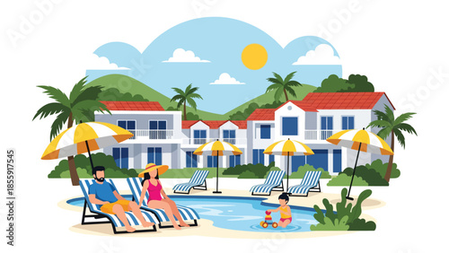 Modern vector illustration of family relaxing near tropical resort pool with umbrellas, summer vacation scene, ideal for resort and travel marketing