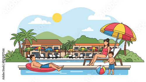 Modern vector illustration of family relaxing near tropical resort pool with umbrellas, summer vacation scene, ideal for resort and travel marketing