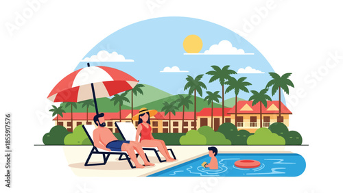 Modern vector illustration of family relaxing near tropical resort pool with umbrellas, summer vacation scene, ideal for resort and travel marketing