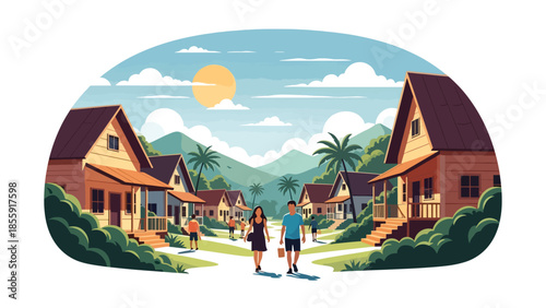 Modern vector illustration of people walking through tropical village with colorful houses and palm trees, cultural travel scene, ideal for tourism content