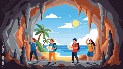 Modern vector illustration of friends exploring tropical cave near beach, adventure travel scene, ideal for tourism and outdoor exploration visuals