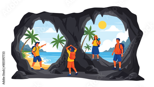 Modern vector illustration of friends exploring tropical cave near beach, adventure travel scene, ideal for tourism and outdoor exploration visuals
