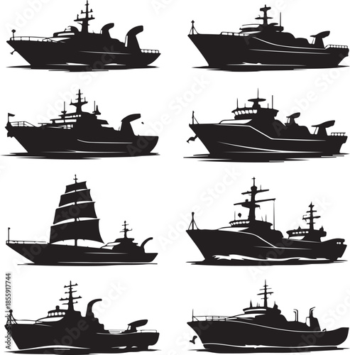 Collection of various military and sailing ships silhouette illustrations