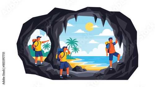 Modern vector illustration of friends exploring tropical cave near beach, adventure travel scene, ideal for tourism and outdoor exploration visuals