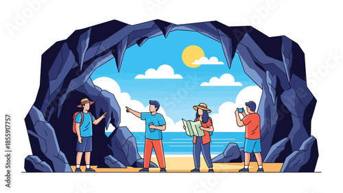 Modern vector illustration of friends exploring tropical cave near beach, adventure travel scene, ideal for tourism and outdoor exploration visuals