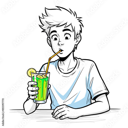 Teen drinking green smoothie while sitting at table, enjoying refreshment, in a sketch style  