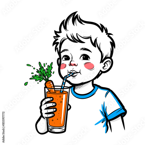 Boy drinking carrot smoothie with cheerful expression and straw, in a sketch style  