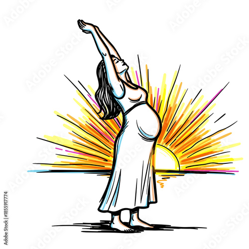 Pregnant woman stretching arms at sunrise with warm sun rays  