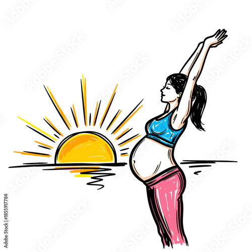 Pregnant woman stretching arms at sunrise with a peaceful expression  