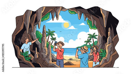 Modern vector illustration of friends exploring tropical cave near beach, adventure travel scene, ideal for tourism and outdoor exploration visuals