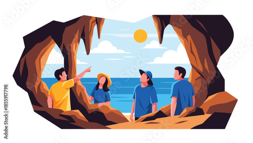 Modern vector illustration of friends exploring tropical cave near beach, adventure travel scene, ideal for tourism and outdoor exploration visuals