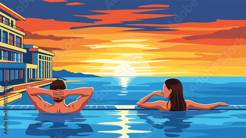 Modern vector illustration of couple relaxing in tropical infinity pool overlooking ocean, luxury resort vacation scene, ideal for travel and hospitality marketing