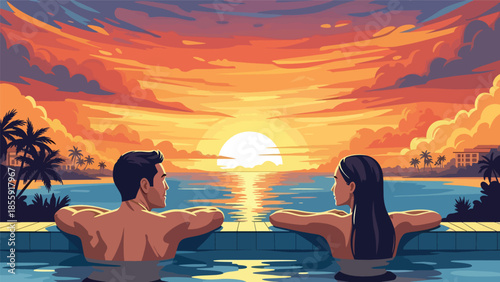 Modern vector illustration of couple relaxing in tropical infinity pool overlooking ocean, luxury resort vacation scene, ideal for travel and hospitality marketing