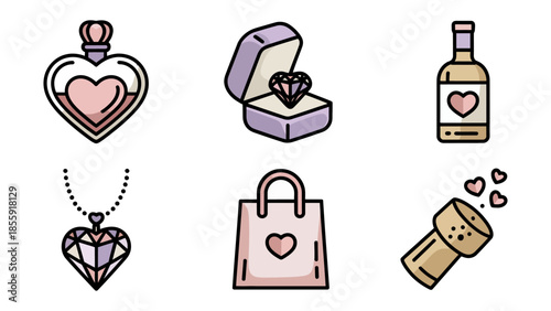 Romantic Emblems: Featuring a collection of charming icons, each one symbolizing aspects of affection, love, and joyous moments, inviting an intimate atmosphere and sweet sentiment.
