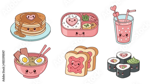 Kawaii Food Set: An adorable collection of kawaii-style food items, including pancakes, a lunchbox, a drink, ramen, toast, and sushi, each featuring cute faces and vibrant colors.