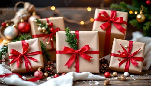 Festive Gift Wrapping Scene with Ribbons and Holiday Lights