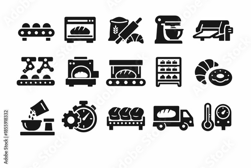 Bakery icons set: oven, mixer, bread, croissant, baking tools