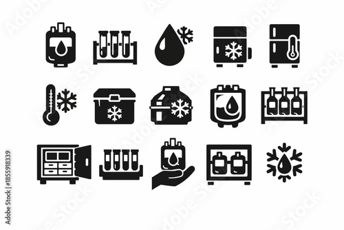 Blood and vaccine storage icons: medical cold chain symbols in black and white