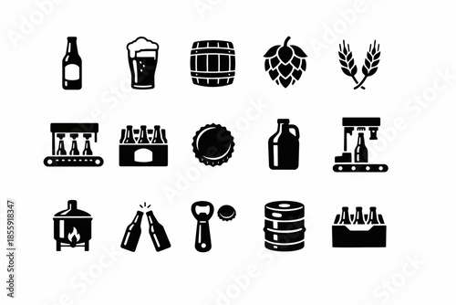 Beer brewing icons set: bottles, hops, barrel, equipment, craft brewing symbols