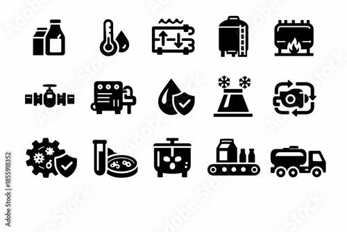 Dairy processing icons: equipment, pasteurization, fermentation, quality control, packaging