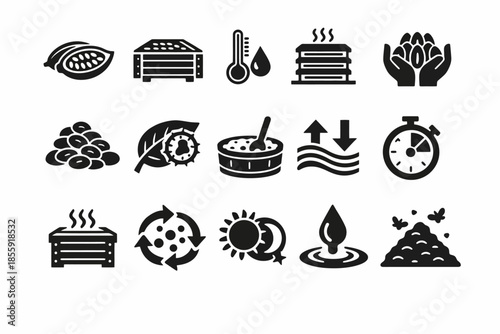 Black and white cocoa icons: fermentation, processing, sustainability, harvesting, timing