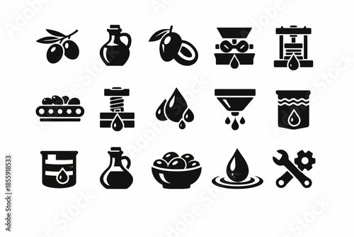 Olive oil production icons: pressing, bottling, extraction, droplets, tools
