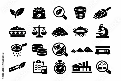 Organic farming icons: tools, scales, microscope, production, harvest