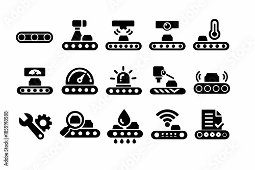 Industrial icon set: conveyor belts, tools, sensors, automation, technology