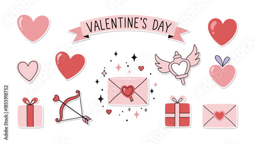 Valentine's Day Elements: A collection of charming Valentine's Day illustrations, including hearts, a ribbon banner, gift boxes, a cupid's bow and arrow, and love letters.