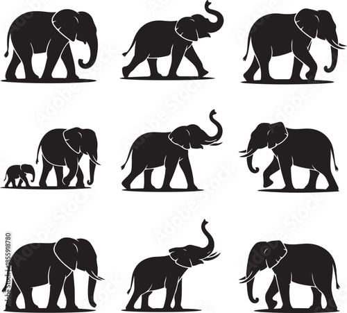 Collection of stylized elephant silhouettes in various poses