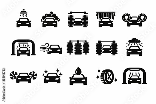 Car wash icon set featuring modern cleaning equipment and vehicles