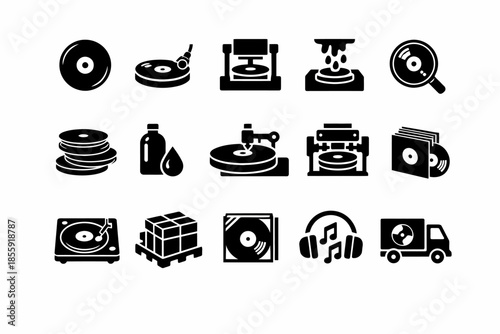 Vinyl record production and distribution icons set