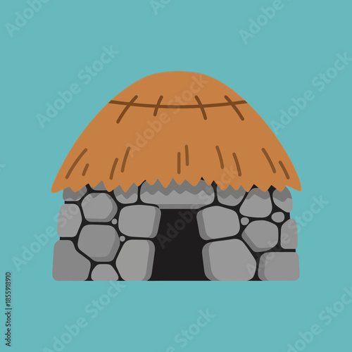 Stone hut with thatched roof and dark entrance.