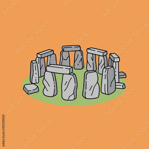 Stone monument with upright and horizontal stones on grassy mound.