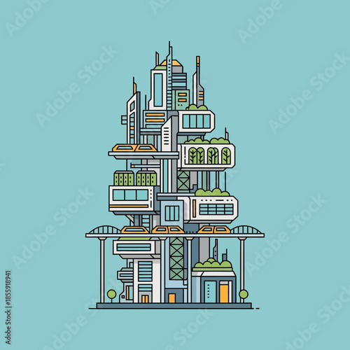 Futuristic cityscape with interconnected buildings and elevated transport systems.