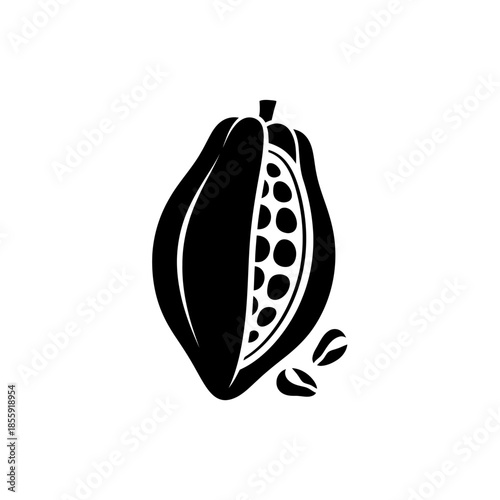 Stylized black and white illustration of a cacao pod with seeds and leaves on a plain background
