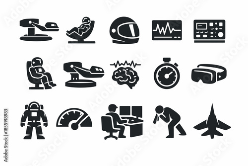 Space training icons: astronaut, equipment, technology, flight, navigation