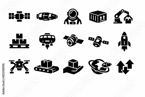 Space and robotics icons: satellites, rocket, astronaut, drone, supply chain graphics