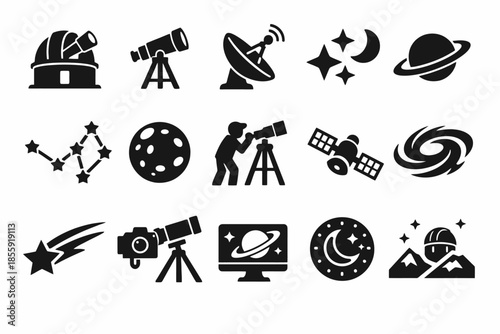 Astronomy icons: telescope, satellite, planet, constellation symbols