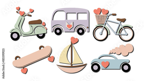 Vehicles of Love: Adorable transport conveyances embellished with heart motifs. A charming array showcasing love's journey and transport of emotions. 